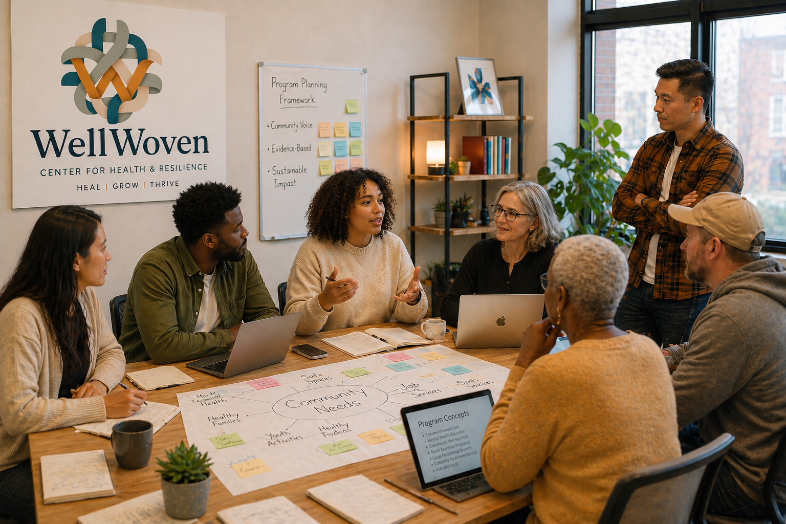 A diverse team gathered around a table mapping community needs beneath the WellWoven Center for Health & Resilience wall mark