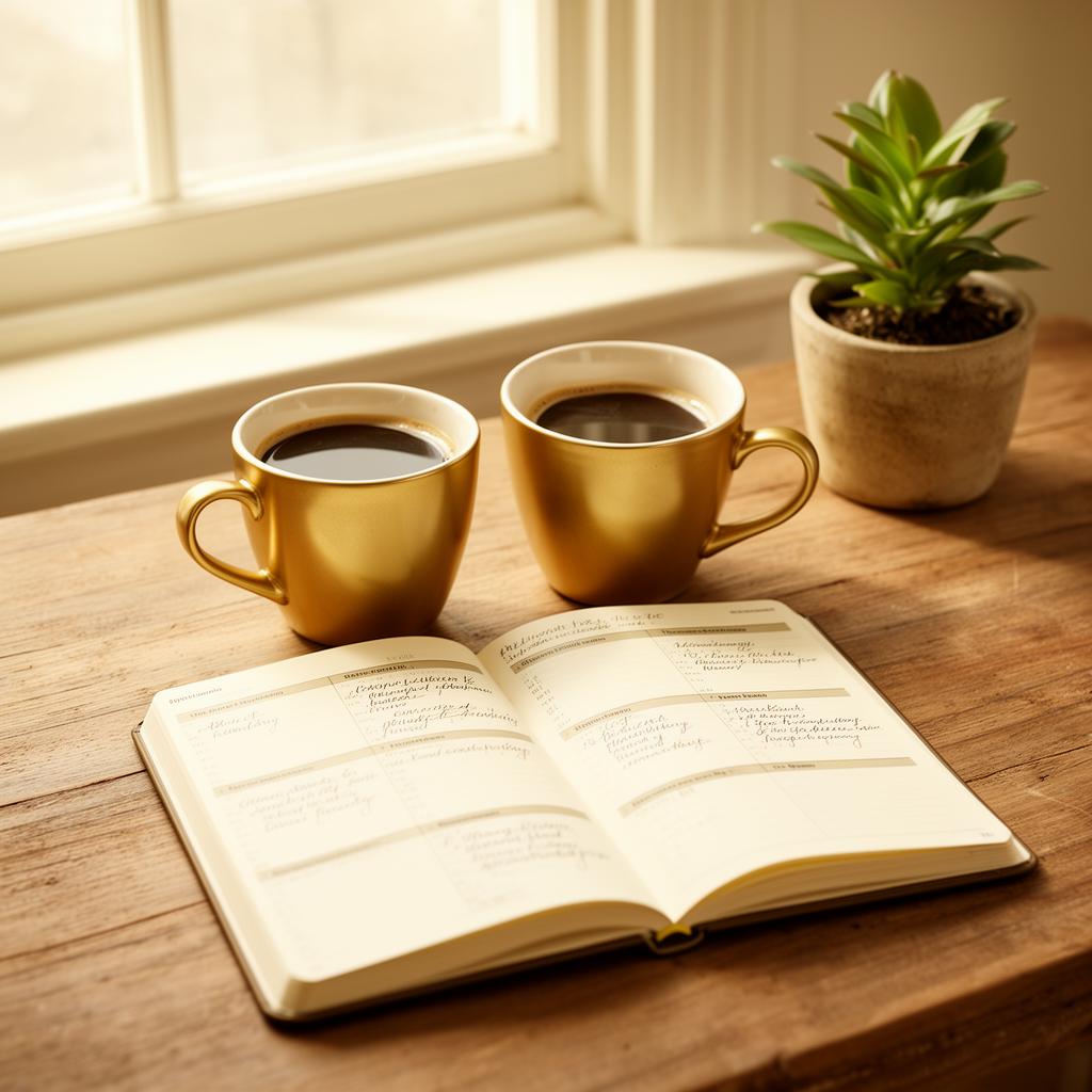 Two coffee cups beside an open planner on a sunlit wooden table — a quiet invitation to conversation and collaboration
