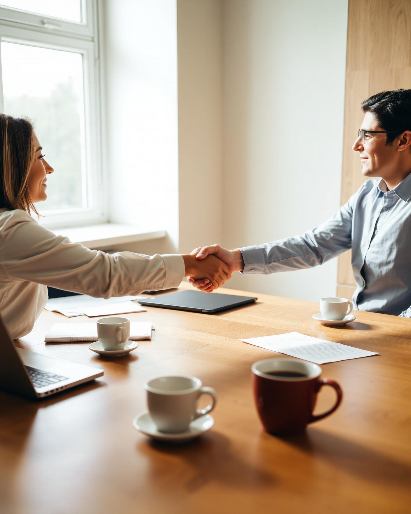Two partners shaking hands across a table during a planning meeting — a moment of agreement and collaboration